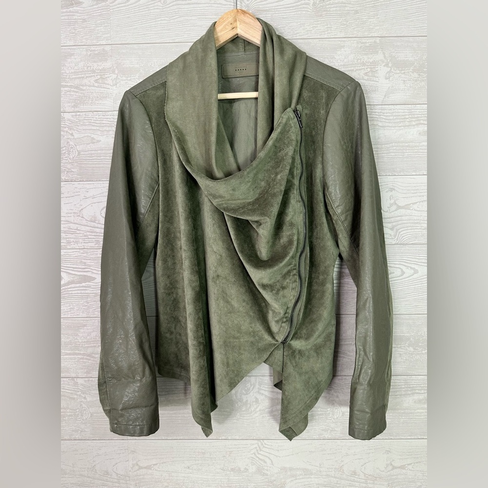 BlankNYC Womens M Zip Up Moto Jacket Olive Green Vegan Leather Draped Front